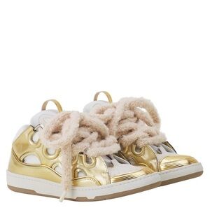 Lanvin Mens  Curb Metallic  Gold Leather Sneakers With Mesh Laces